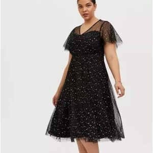 Black With Silver Stars Novelty mesh Midi Torrid dress Size 18 NWT $200